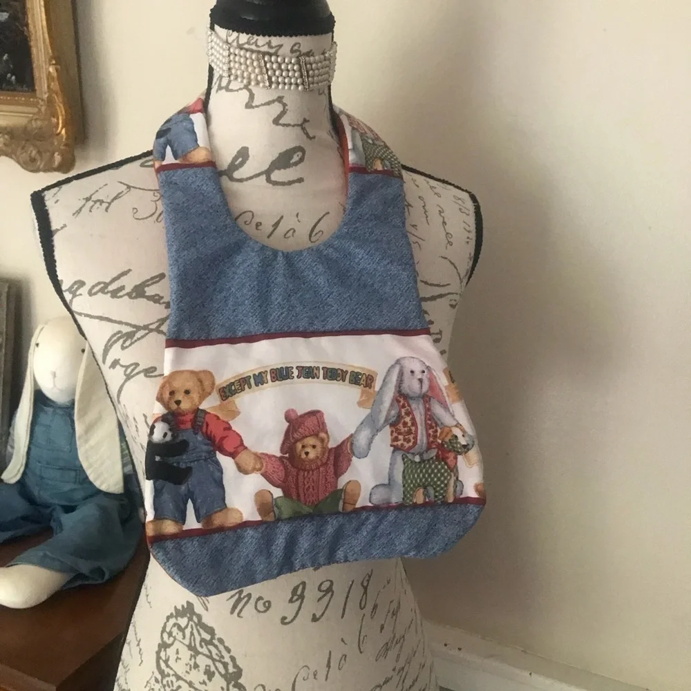 Rare Daisy Kingdom Blue Jean Teddy Bear Quilt Bib